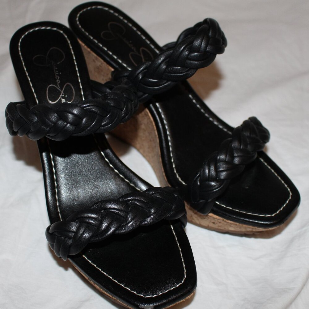 Jessica Simpson Black Leather Braided 2-Strap Cork Platform Wedge Sandals - Picture 15 of 16